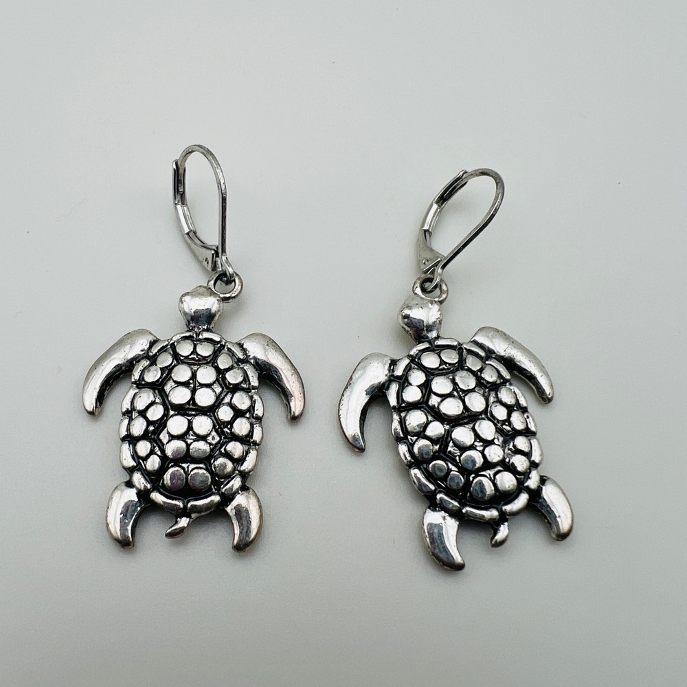 Sea Turtle Dangle Earrings Leverback Coastal Nautical Beach Silver Tone Jewelry